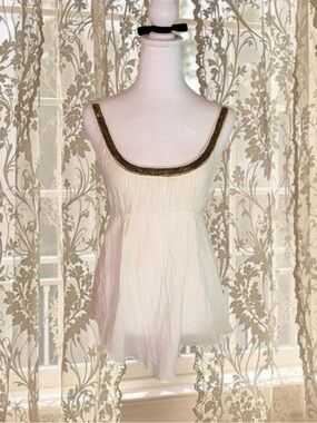 Beaded Boho Fairycore Babydoll Beige Flowy Top